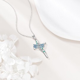 VONALA Dragonfly Necklace 925 Sterling Silver Dragonfly Cross Pendant Necklace Dragonfly Cross Jewelry Gift for Women Men