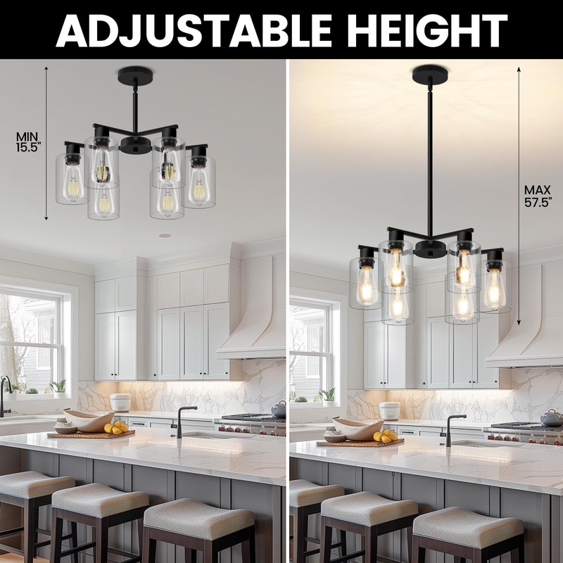 KUSSCO 6-Light Modern Chandelier Chandeliers with Clear Glass Shade, Black