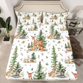 Cute Deer Fox Kids Fitted Sheet Queen Size,Mushroom Pine Trees Rustic Farmhouse Bedding Set,Boys Girls Adults Room Decor,Cartoon Rabbits Hedgehogs Bed Cover,Bright Bed Sheet,2 Pillowcases