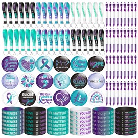 WATINC Suicide Awareness Kits - 144PCS Suicide Prevention Awareness Set with Teal & Purple Ribbon, 36 Silicone Bracelets 36 Keychains 36 Button Pins 36 Purple Ribbon Pens Gift for Charity Events Party