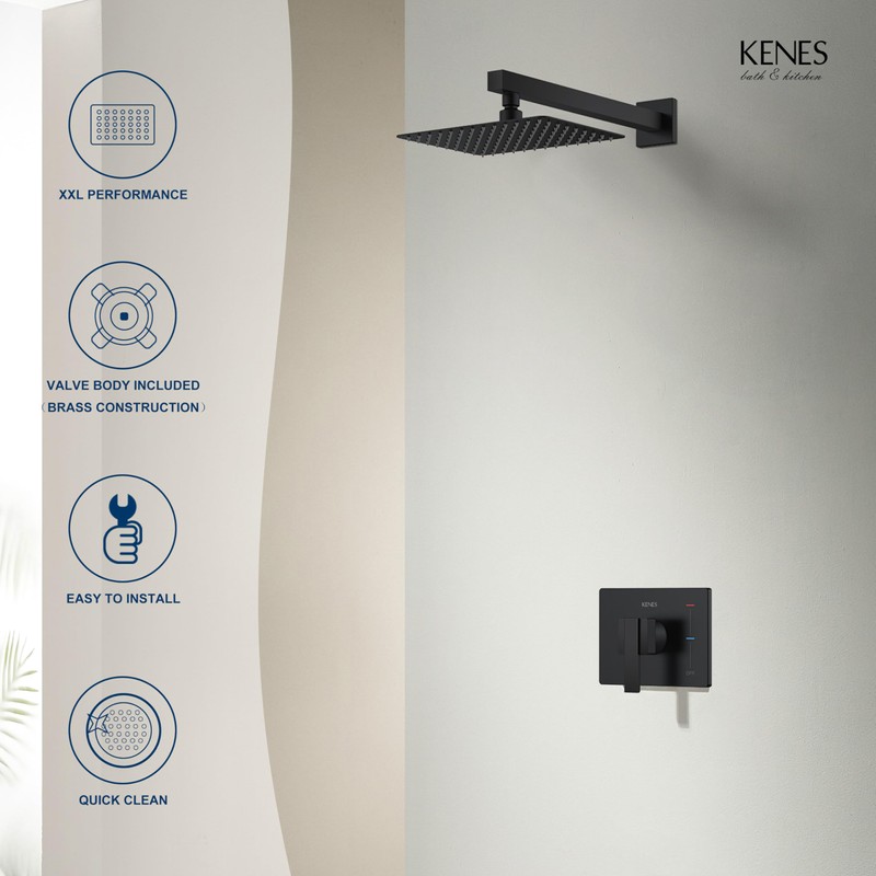 KENES Matte Black Shower Faucet with Square Shower Trim Kit