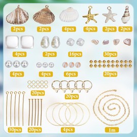SUNNYCLUE 1 Box DIY 10 Pairs Shell Earrings Kit Real 18K Gold Huggie Findings Ocean Themed Electroplate Natural Spiral Shells Alloy Enamel Light Golden Starfish Bead Charm For Jewellery Making Kits