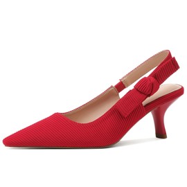 Erocalli Slingback Kitten Heels for Women Closed Pointed Toe Bowknot Knitted Slip On Red Work Pumps Wedding Dressy Shoes