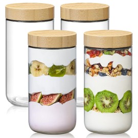 NETANY 4-pack 24oz Glass jars with Airtight Lids, Overnight Oats Containers with Bamboo Lids, Wide mouth Mason Salad jars, Glass Food Storage Containers for Snacks Yogurt Spice Sugar