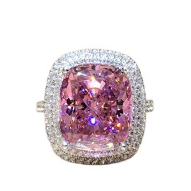 QUSIIOSLK 18K Gold Plated Princess Cut Pink Crystal Silver Ring with AAA White Cubic Zirconia Full Diamond Ring CZ Eternity Engagement Wedding Band Ring for Women Size 6-10, Silver