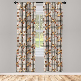 Ambesonne Fall Curtains, Bitonal Plaided Background with Pinecones and Maple Leaves Autumn Vibe, Window Treatments 2 Panel Set for Living Room Bedroom, Pair of - 28" x 63", Pale Grey Apricot Brown