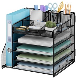 Lavatino Organizador de escritorio, bandeja de papel de malla metálica de 5 niveles con 1 soporte para archivos y 7 divisores flexibles para organizad