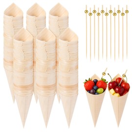 300 PCS Disposable Wood Cones and Picks, 150PCS 5" Natural Wooden Snack Cups with 150PCS Bamboo Skewers Heat Resistant Finger Food Trays for Charcuterie Boards, Buffets, Wedding Catering Display