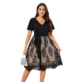 ZNU Plus Size Lace Cocktail Dress for Curvy Women, 2025 Elegant Summer V Neck Midi A-Line-Dress Short Sleeve Black