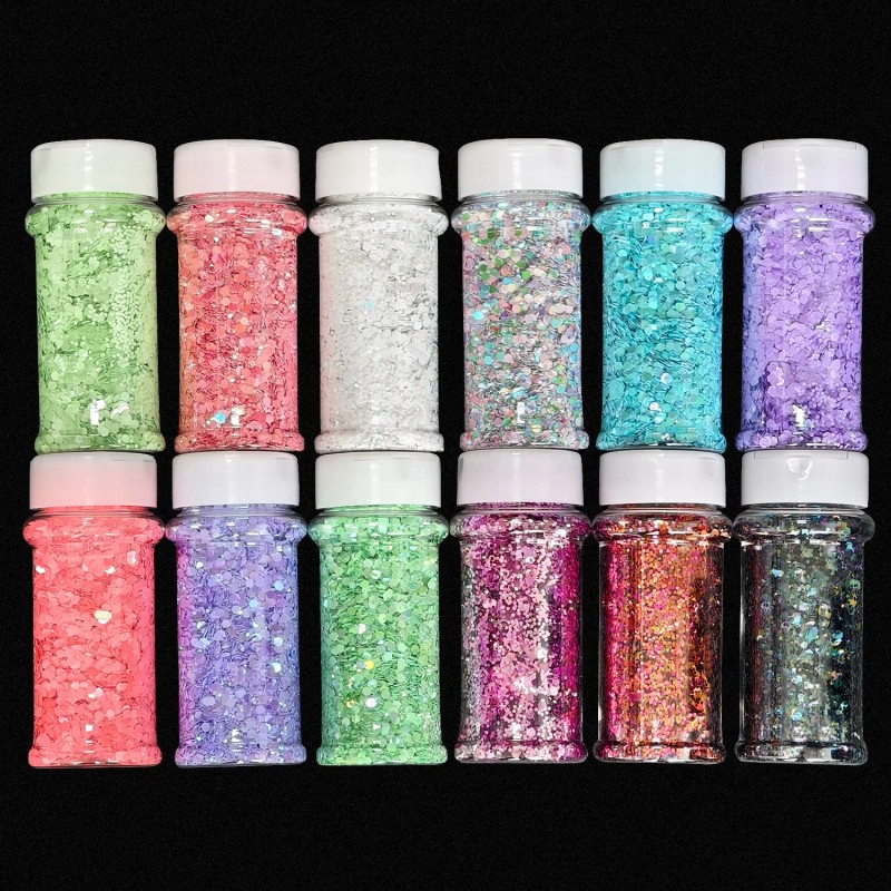 12 Pcs Spring Colors Hex Chunky Glitter Set 2oz Bottles