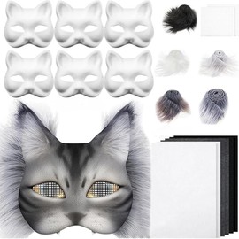 CUVZORA Therian Mask DIY Set, 6 Blank Cat Masks for Painting with Furry Materials for Creative Projects, Craft Animal Masks for Cosplay, Children and Fans of Therian Stuff (A)