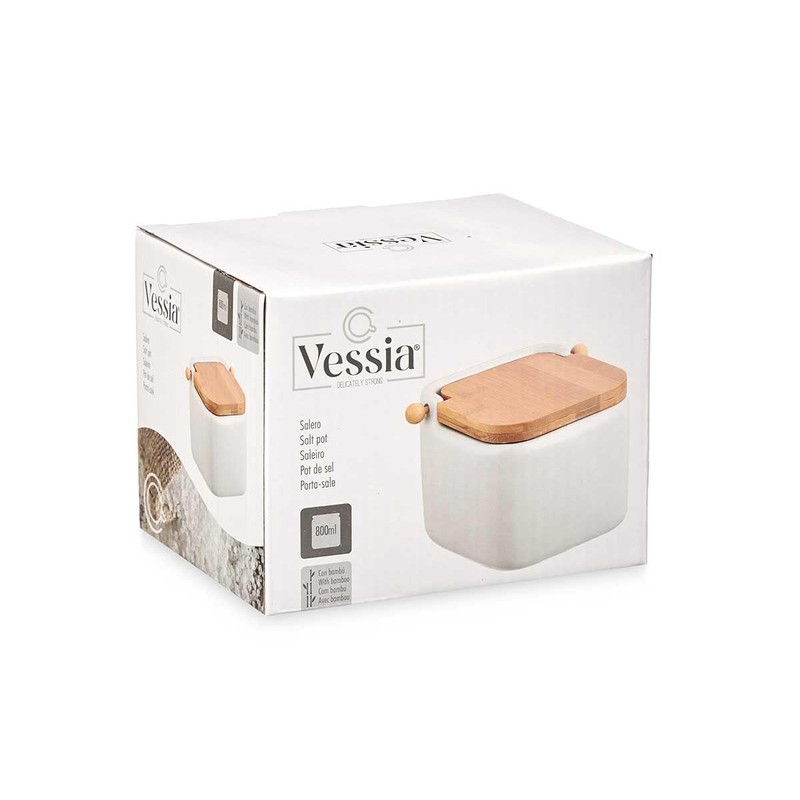Vessia - Ceramic Salt Pot, Hinged Lid Made of Bamboo,