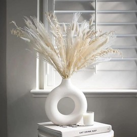 Lywins Vase for Pampas Grass Flowers, White Ceramic Doughnut Vase, Matte White, Flowers, Round Shape, Modern Dried Flower Vases for Living Room, Office, Decoration (M (18 x 19 cm)