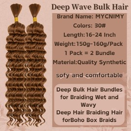 Deep Wave Bulk Hair For Braiding Hair No Weft 18inch Wet And Wavy 150g Quality Synthetic Hair Braiding Extensions For Boho Braids（2 Bundles/Pack 30#）
