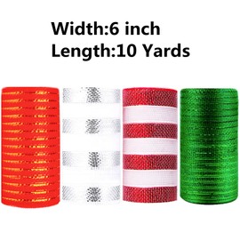 4Roll 6Inchx10Yards Christmas Deco Poly Mesh Roll,Grinch Ribbon Mesh Ribbon Christmas,Green Red White Stripe Mesh Metallic Winter Foil Decomesh Roll Christmas Deco Mesh Rolls for Wreath Making,Swag