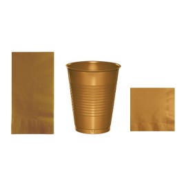 Baxters Party Bundles Bulk, Gold, 96 Count 9 Inch Round Paper Plates, 96 Count 9 Ounce Hot/Cold Paper Cups, 96 Count 7 Inch Round Paper Plates, Pack Contains 288 Pieces