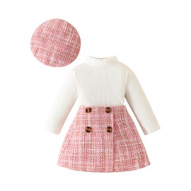Baby Girl Outfit Clothes Autumn High Necked Long Sleeve Ribbed Toddler Girl Clothing Pullover Top Plaid A Line Short Skirt Set Girl Dress (Pink, 12-18 Months)