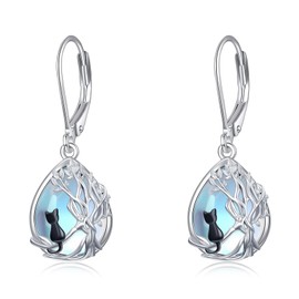 POPLYKE Moonstone Earrings for Women Sterling Silver Black Cat Earrings Tree of Life Jewelry Gift for Girls (moonstone-black cat)
