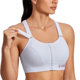 SYROKAN Womens' Sports Bra High Impact Support Zip Front Adjustable Large Bust Racerback Wirefree Padded White 32E