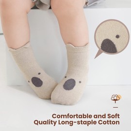 Auranso Baby Socks 5 Pairs Boys Non Slip Grip Socks Kids Girls Cotton Cartoon Animal Pattern Toddler Socks with Grips, Color-F, 1-2 Years