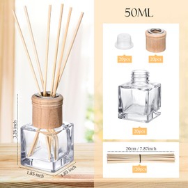 Roshtia 20 Set Reed Diffuser Bottle Empty Fragrance Glass Diffuser Bottles Refillable Diffuser Bottles Set with Wooden Caps and Rattan Sticks 50ml 1.7 Oz Diffuser Glass Jars for DIY Fragrance (Square)