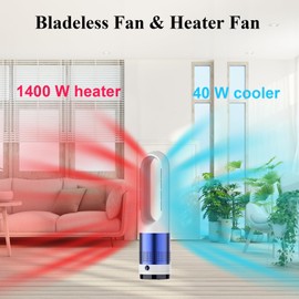 Voagupa Bladeless Heater and Fan Combo, 1400 Watt Heater Fan and 40 Watt Cold Fan, 80° Oscillating Fan, All the Season Use, Remote and Touch Control, Floor Tower fan, Office Room, Bedroom, Blue White