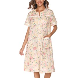 YOZLY House Dress Womens Cotton Housecoat Short Sleeve Duster Robe with Pockets Flower Pink, Small