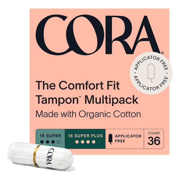 Cora 100% Organic Cotton Non-Applicator Tampons | Ultra-Absorbent, Unscented, Natural, Non-Toxic, Applicator Free | Eco-Conscious (36 S/S+ Tampons)