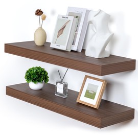 Deep Floating Shelves for Wall, 36'' x 12'' Rustic Large Floating Shelves Set of 2, 12 Inch Deep Walnut Wood Wall Shelves for Living Room Bathroom Laundry Room Bedroom Kitchen Home Office - Walnut