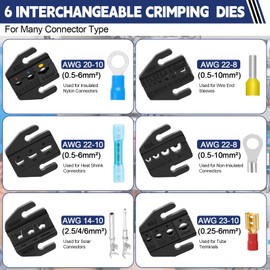 Wire Crimping Tool with Ratchet, 6 in 1 Crimping Tool Kit and Wire Stripper, Ratchet Wire Crimper Tool with 6 PCS Interchangeable Dies for Open Barrel Terminals,Insulated and Non-Insulated Ferrules