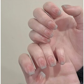 Press on Nails Short Glossy Peach-Pink to Mint Ombre False Nails Glossy Bling Fake Nail Tips Artificial Manicure for Women and Girls – 24pcs with Glue Kit (Peach-Pink)