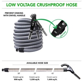 OVO Central Vacuum Deluxe Plus Kit, With 40ft Low-Voltage hose, ON/OFF Control at the handle Air Driven carpet beater, 12’’ floor brush and accessories, Black and grey