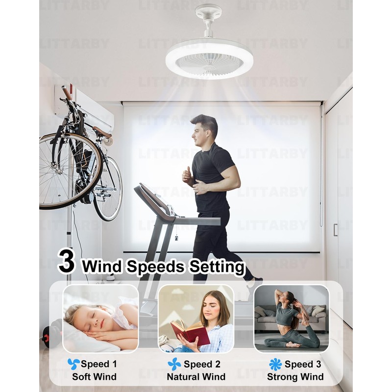 Socket Fan Light with Remote Control, 3 Colors 3000K-6500K Dimmable