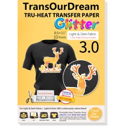 TransOurDream Glitter 3.0 Iron on Heat Transfer Paper for T Shirts (10 Sheets, 8.5x11'') Printable Heat Transfer Vinyl for Inkjet Printer Iron-on Transfers Paper for Light and Dark Fabrics (GL3-10)