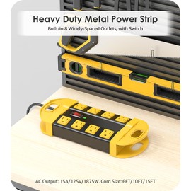 CCCEI Heavy Duty Power Strip Surge Protector, Metal 8 Outlets Power Strip for Appliance. Garage Shop Industrial Workbench 15 AMP Outlets Strip. 13FT Extension Cord
