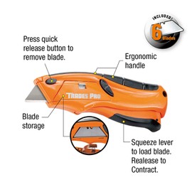 Tradespro Self-Retracting Squeeze Knife – Auto-Retracting Safety Utility Knife with Quick Blade Change, Ergonomic Zinc Alloy Handle, Includes 6 Heavy Duty Replacement Blades - 838013