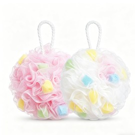 2 Pcs Loofah Sponge Shower Puff, Soft Mesh Bath Sponge for Women and Men, Shower Puff Exfoliating Sponge, Body Scrubber Sponges Bath for Rich Lather (White+Pink)