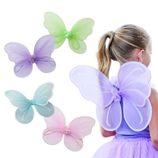 Butterfly Craze Girls' Fairy, Angel, or Butterfly Wings - Costume Accessories & Party Favors or Supplies, Make Your Little One's Birthday Party Special, in Shades of Blue, Green, Pink, and Purple 4 Pc