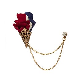 Knighthood Brooch Lapel Pin for Men Red White and Navy Blue Flower Bunch with Leaf Hanging Metal Chain and Crystal Lapel Pin Badge Coat Suit Wedding Gift Party Shirt Collar Accessories