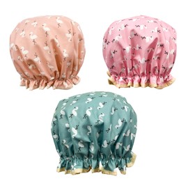 Shower Cap with Elastic, Double Layer Waterproof Shower Cap, Reusable Washable Shower Cap for Women and Girls of All Hair Lengths (Pack of 3)