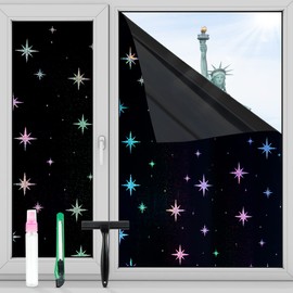 FuFin Total Blackout Window Film with Free Installation Tools, Explosion-Proof PET Material, 100% UV and Light Blocking, Rainbow Star Laser Room Darkening Window Film (Black Star 17.5"×196.9")
