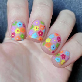 Flower Press on Nails Short Square Fake Nails Nude False Nails with Cute Colorful Flowers Designs Full Cover Stick on Nails Glue on Nails Nails Acrylic Nails for Women Girls 24 Pcs