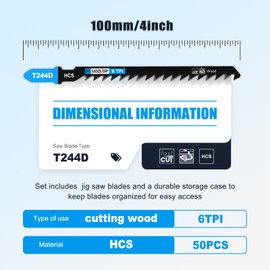 MUOZLOP 50pcsT244D Jigsaw Blades，6TPIJig Saw Blades with Storage Case,T-Shank jig Saw Blades for Wood Cutting (50pcsT244D)