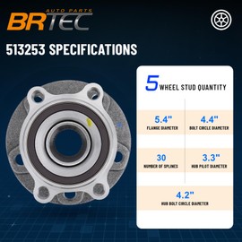BRTEC 513253 Front Wheel hub and Bearing Assembly for AudiA3/Q3/TT, for VW 2009-17 Tiguan/2006-17 Passat/2005-13 Jetta/2006-14 GTI/12-14Golf/09-17 CC/12-17 Beetle 5Lugs W/ABS