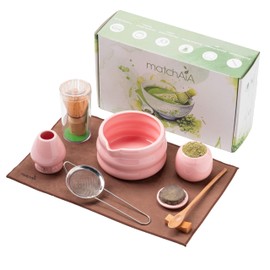 MatchAiA 8 Pcs Matcha Set - Ceramic Bowl, Bamboo Whisk with Holder, Canister, Sifter, Schima Spoon, Spoon Rest and Tea Towel, Complete Kit for Traditional Matcha and Modern Lattes (Pink)