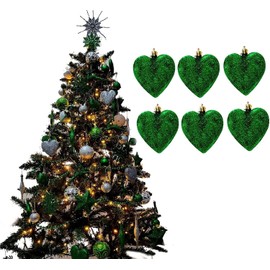 UKDeals direct ® 6 Heart Baubles - Great Christmas Tree Decorations, Glitter Heart Baubles (Dark Green Glitter)