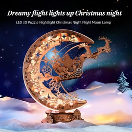 FUNPOLA LED 3D Wooden Puzzle Christmas Night Flight Moon Lamp, Festive Night Light as Christmas Decoration, Unique Christmas Gift for Adults and Children (Brown)
