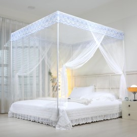naturetalk Bed Canopy, Princess Bed Curtain Net for Girls & Adults，Three-Doors Rectangle Lace Dome Netting (White, Queen)