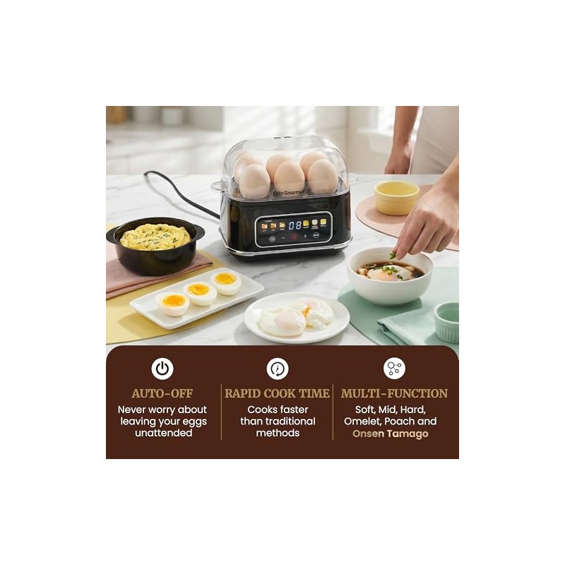 Elite Gourmet Digital Egg Cooker, 6 Egg Capacity, Soft/Medium/Hard Boiled,