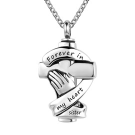 YSAHan Cross Urn Necklaces for Ashes Praying Hands Cremation Memorial Stainless Steel Pendant Jewelry Forever in My Heart with Sister